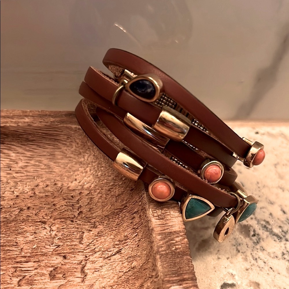 NWOT VTG Barse Brown Leather Cuff Bracelet Turquoise Coral Lapis Gem Bracelet